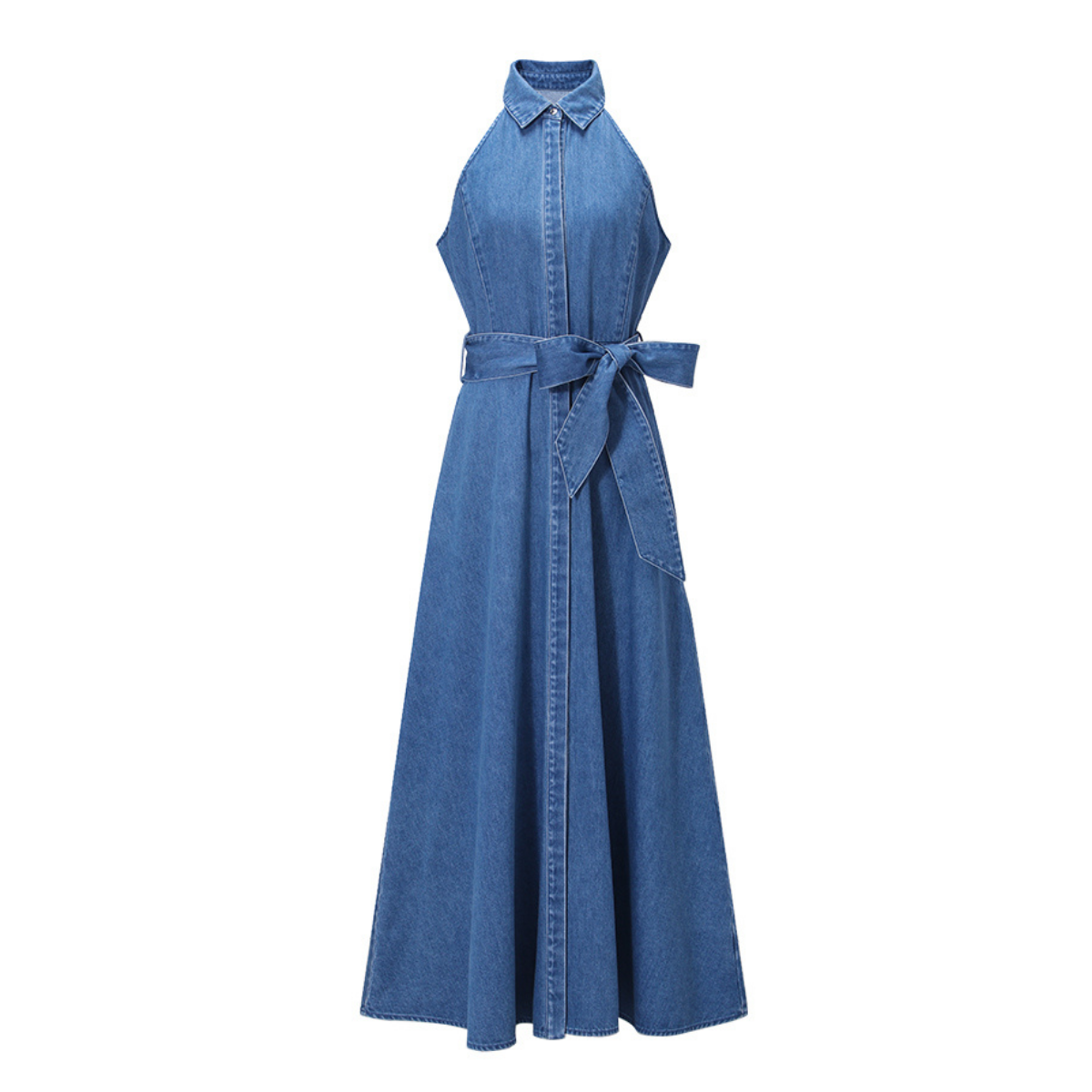Self-Tied Halter Neck Denim Maxi Dress