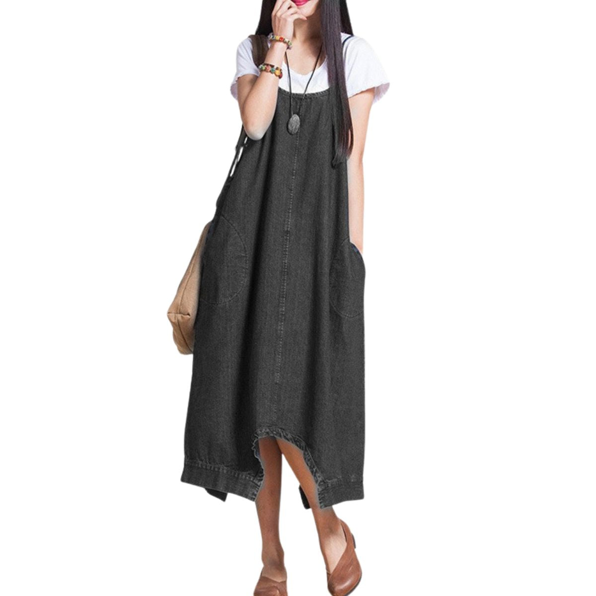 Asymmetrical Hem Denim Slip Midi Dress