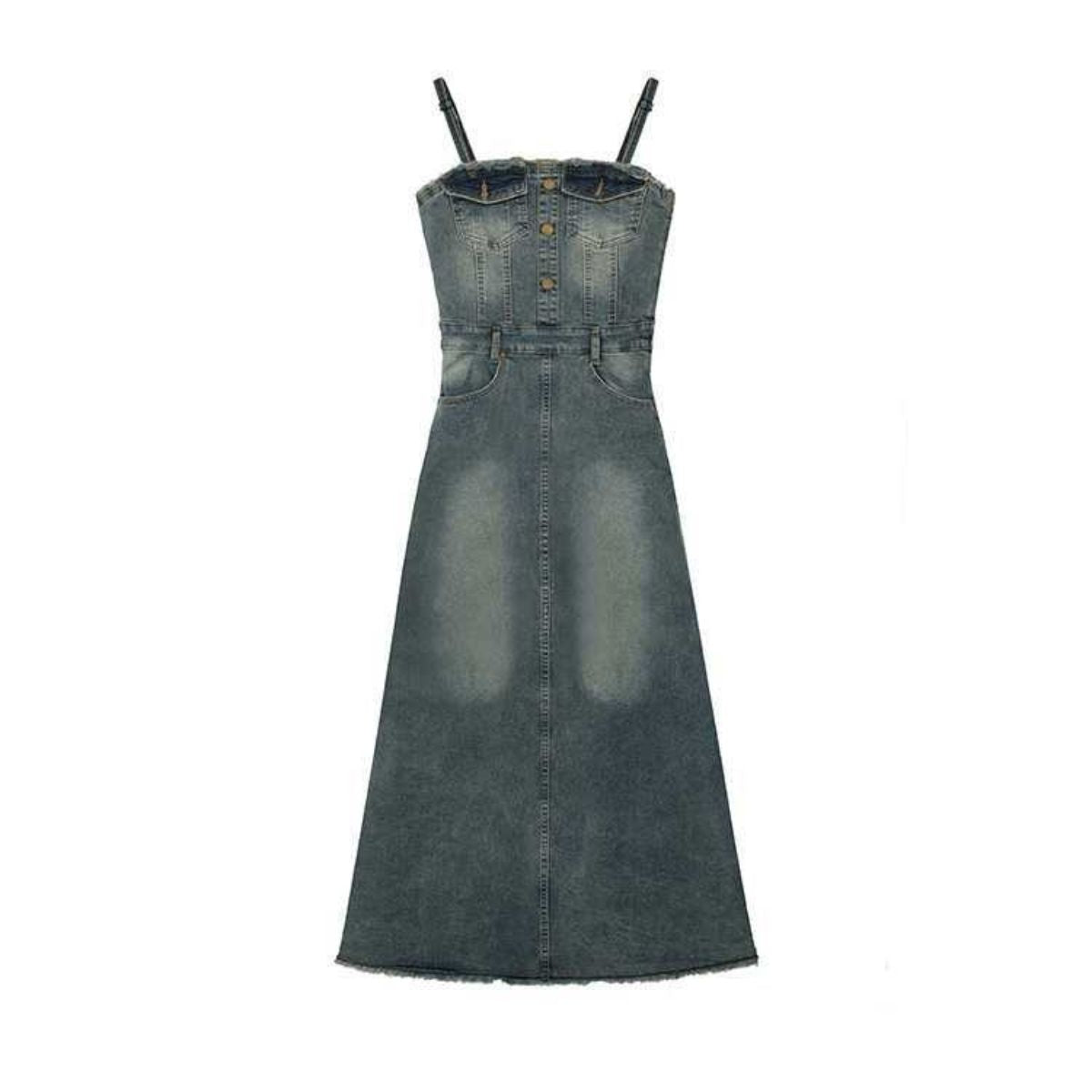 Lace-Up Back Denim Cami Midi Dress