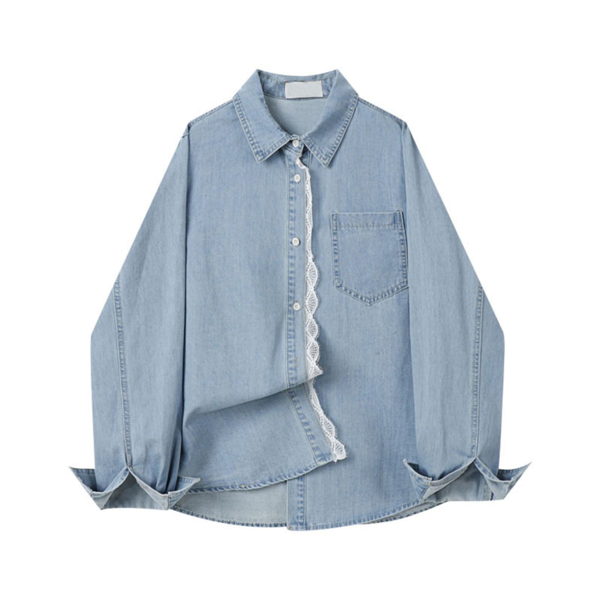 Button-Front Lace Trim Denim Shirt