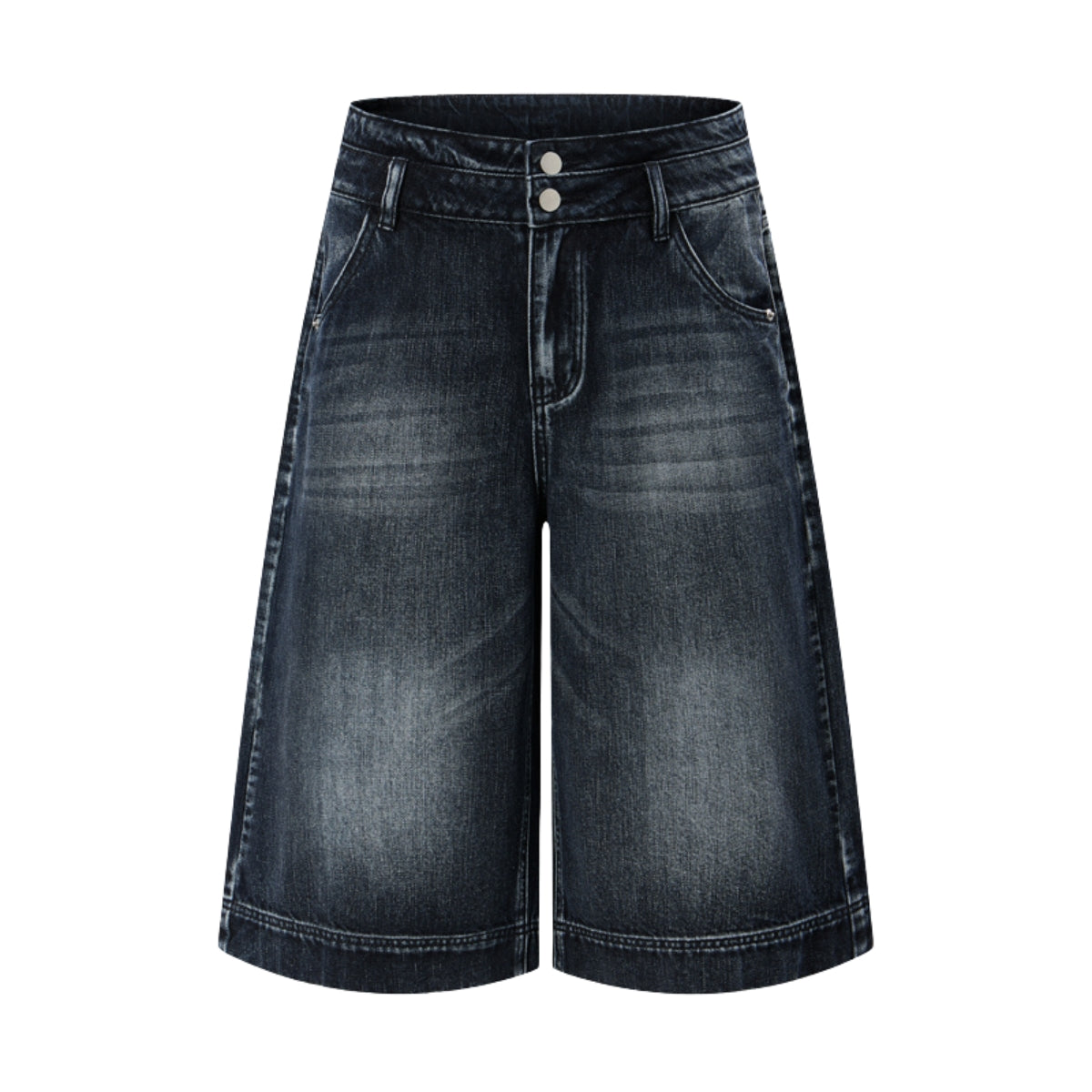 Double-Button Whiskered Wide-Leg Denim Shorts