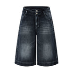 Double-Button Whiskered Wide-Leg Denim Shorts