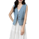 Denim V-Neck Button Down Vest
