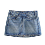 Crossover Asymmetric Waist Distressed Denim Mini Skirt