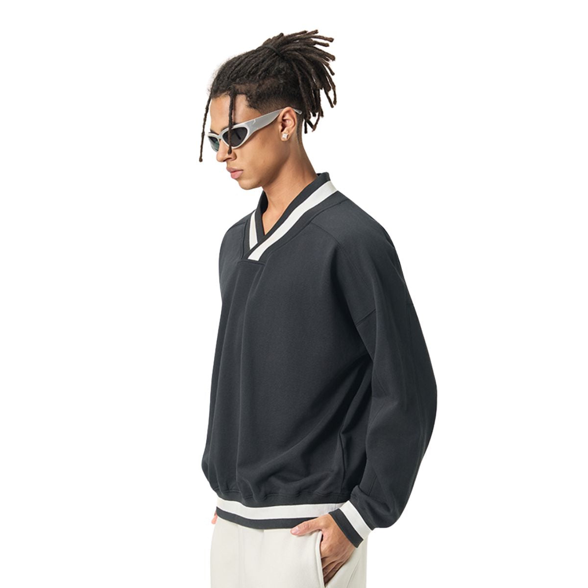 Contrast Trim V-Neck Pullover Sweatshirt