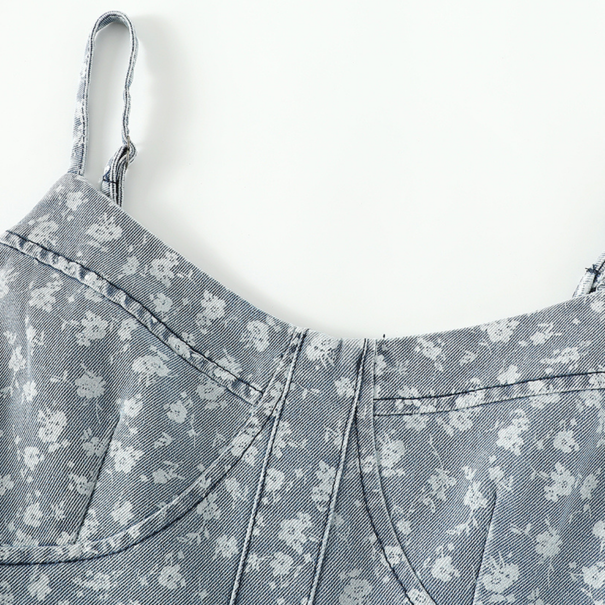 Floral Print Denim Spaghetti-Strap Dress