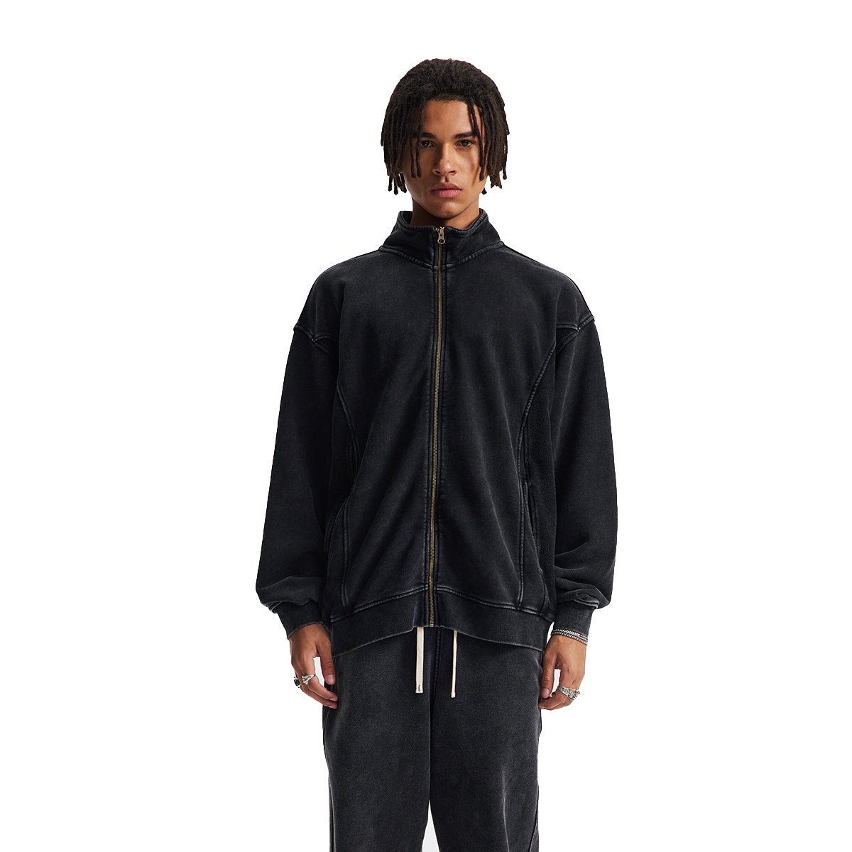 Stand Collar Panel Detail Washed Zip Up Sweatshirt