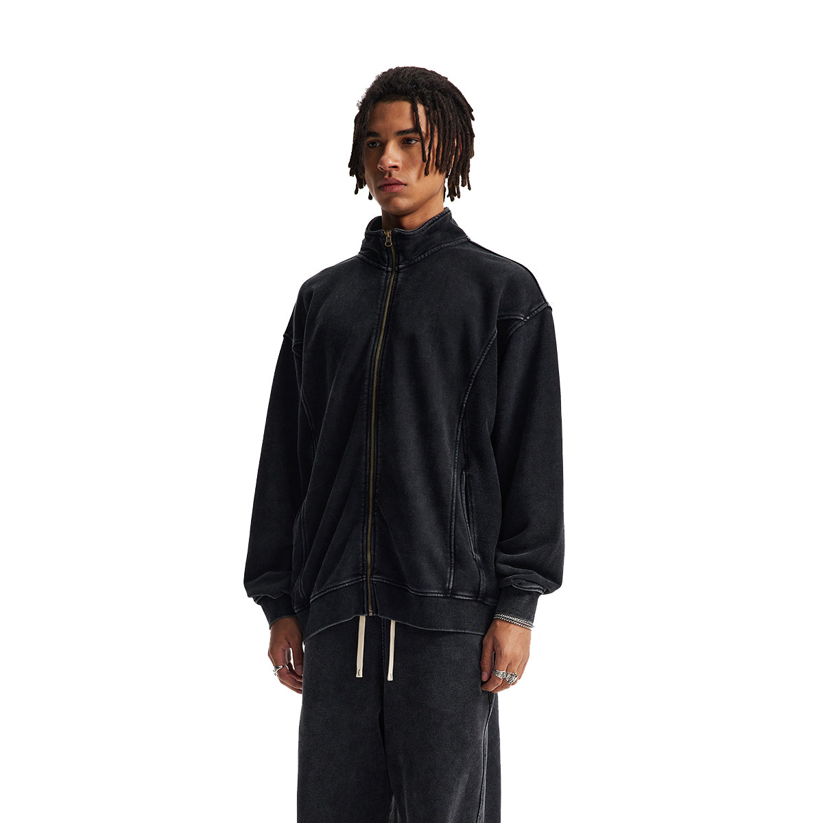 Stand Collar Panel Detail Washed Zip Up Sweatshirt