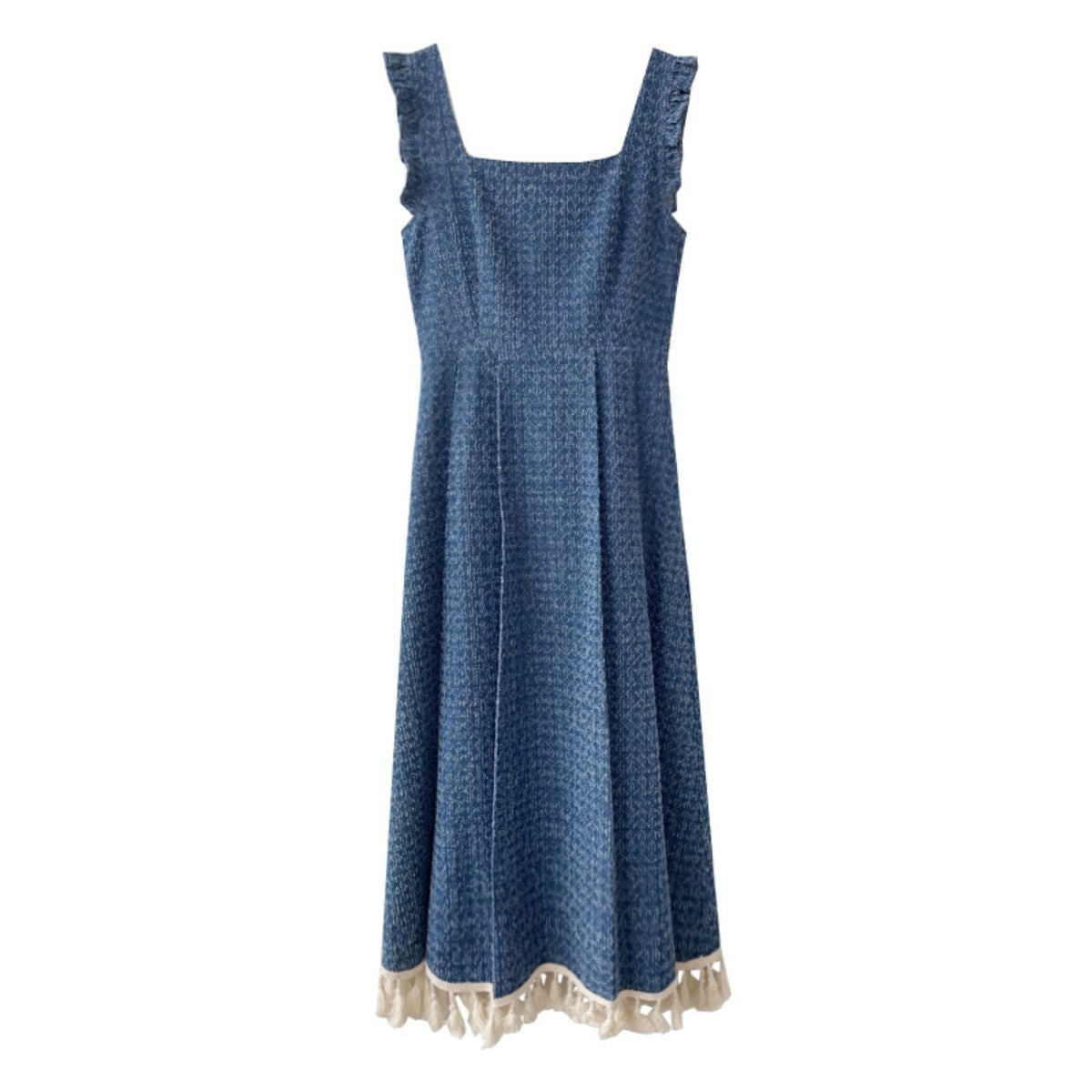 Ruffle Straps Denim Tassel Hem Midi Dress