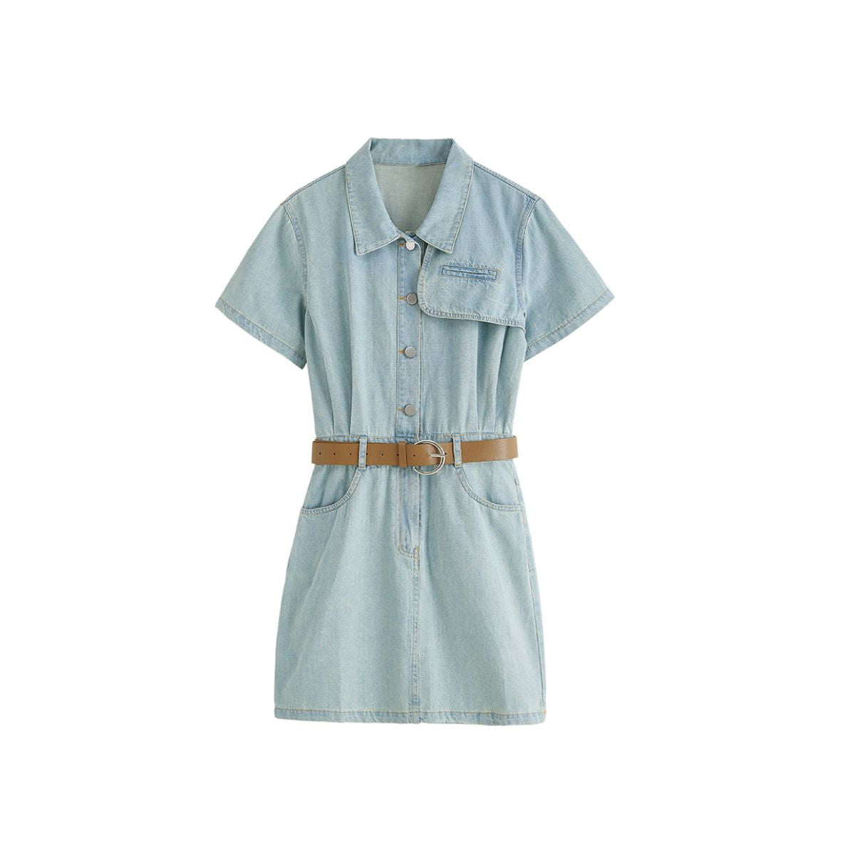 Pleated Short Sleeve Mini Denim Shirtdress