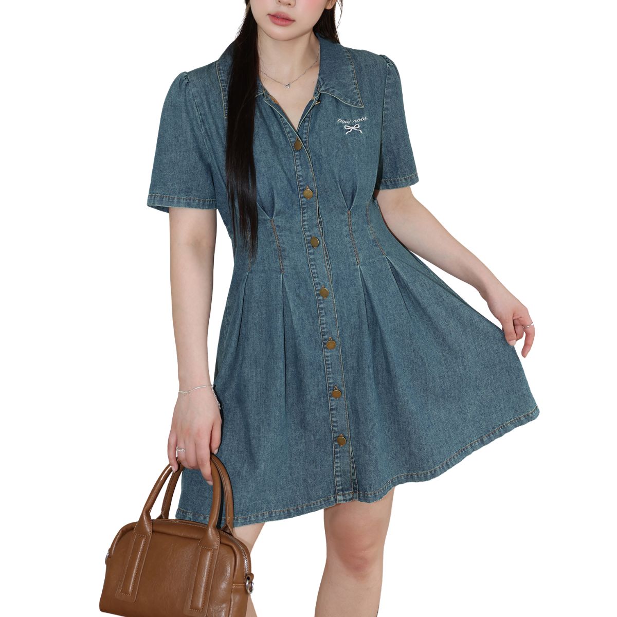 Bow-Embroidered Corset Denim Mini Dress