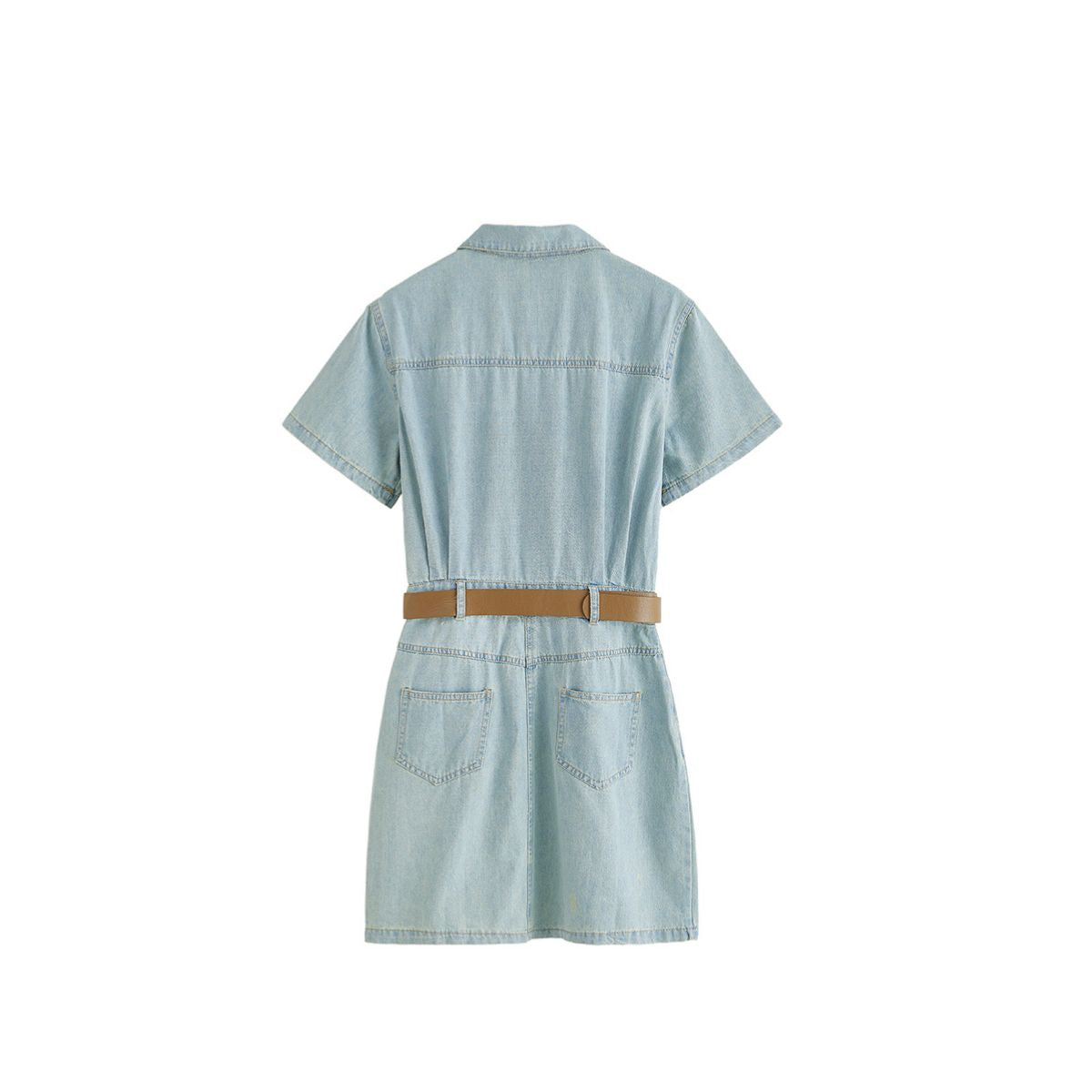 Pleated Short Sleeve Mini Denim Shirtdress