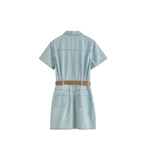 Pleated Short Sleeve Mini Denim Shirtdress