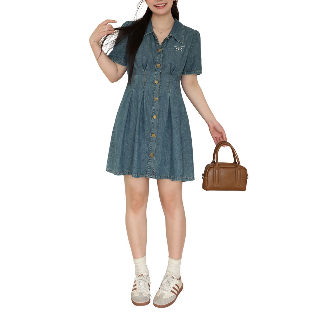 Bow-Embroidered Corset Denim Mini Dress