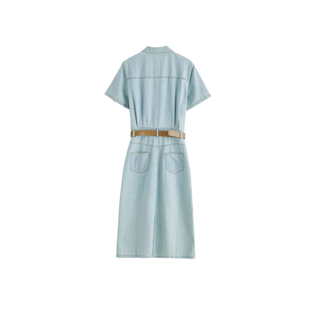 Pleated Short Sleeve Midi Denim Shirtdress