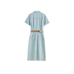 Pleated Short Sleeve Midi Denim Shirtdress