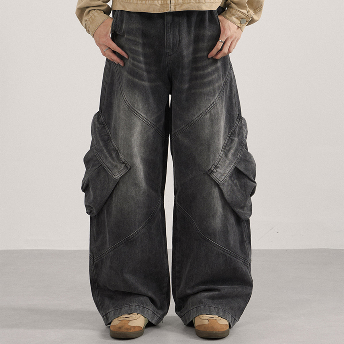 Cargo Wide Leg Distressed Wash Denim Jeans