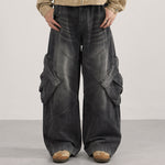 Cargo Wide Leg Distressed Wash Denim Jeans