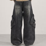 Cargo Wide Leg Distressed Wash Denim Jeans