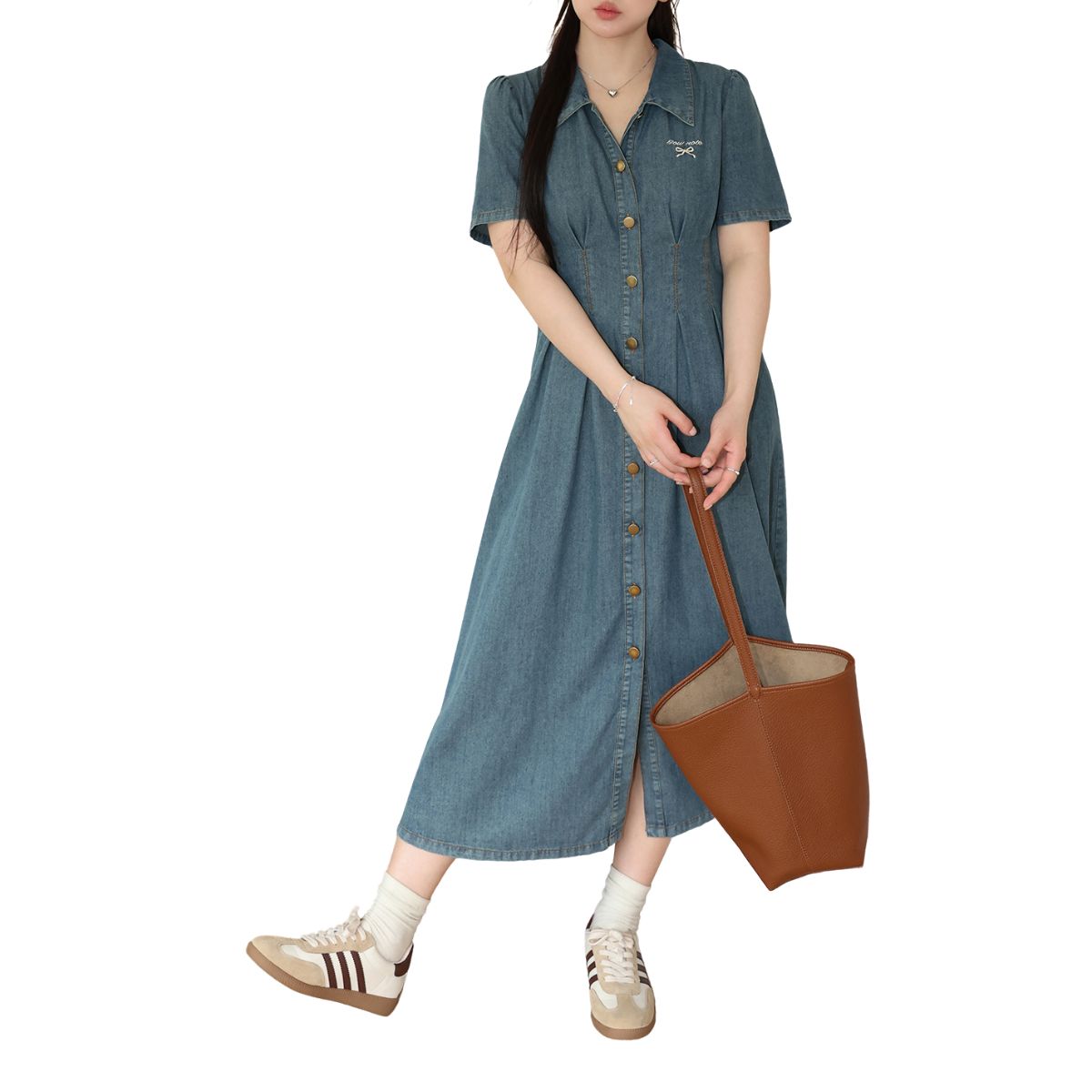 Bow-Embroidered Corset Denim Midi Dress