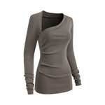 Asymmetric Neck Long Sleeve Ribbed Top