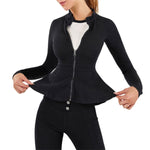 Zip-Front Washed Knit Denim Peplum Jacket