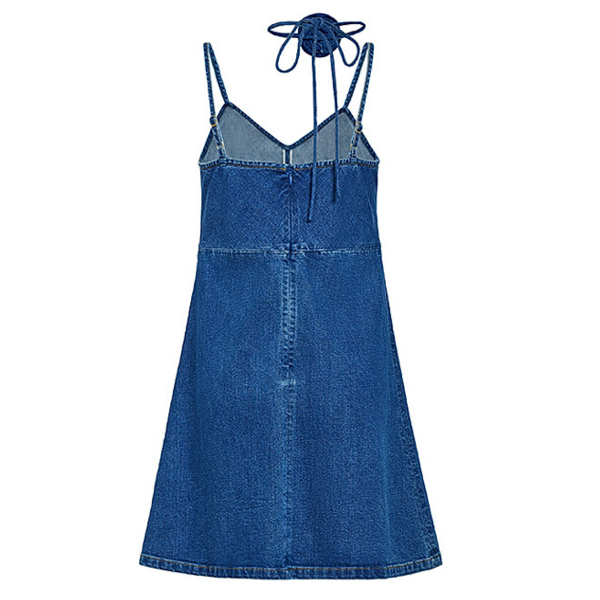 Strappy Denim Mini Dress with Rose Tie Neck