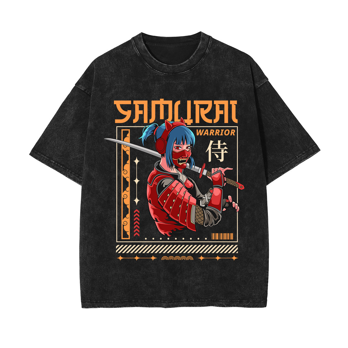 Samurai Warrior Graphic Washed Tee-INNBLAC Fashion Apparel