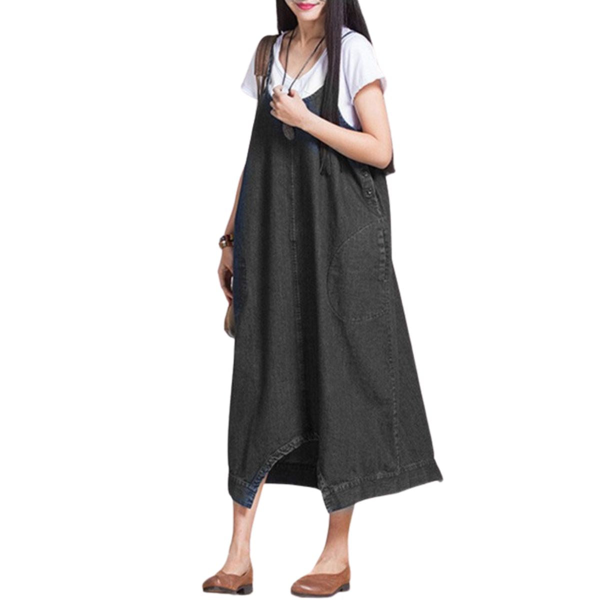 Asymmetrical Hem Denim Slip Midi Dress