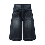 Double-Button Whiskered Wide-Leg Denim Shorts