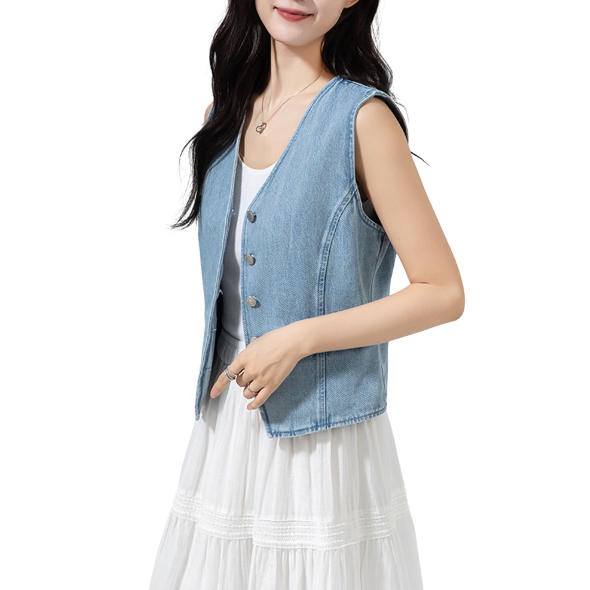Denim V-Neck Button Down Vest