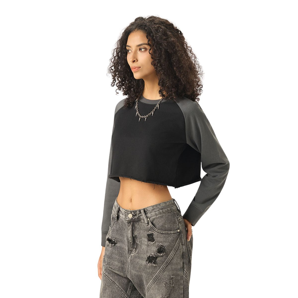 Contrasting Colors Raglan Long-Sleeve Cropped Sweatshirt