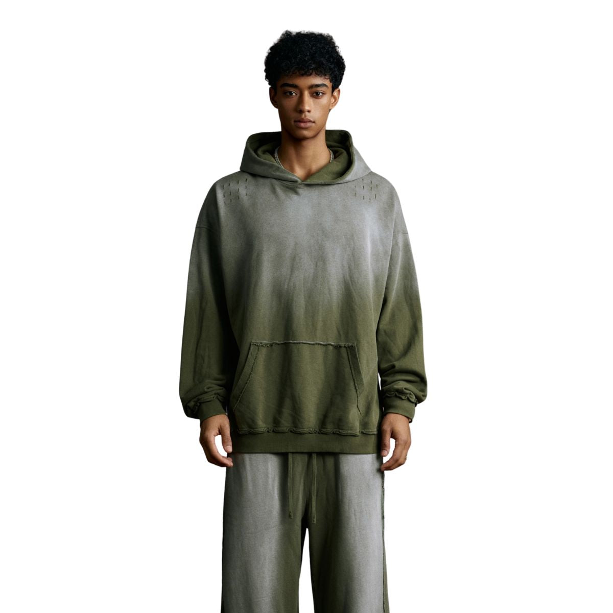 Ombre Raw Edge Kangaroo Pocket Distressed Hoodie