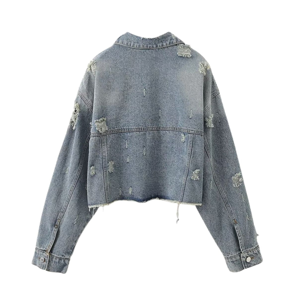 Asymmetrical Hem Cropped Ripped Denim Jacket