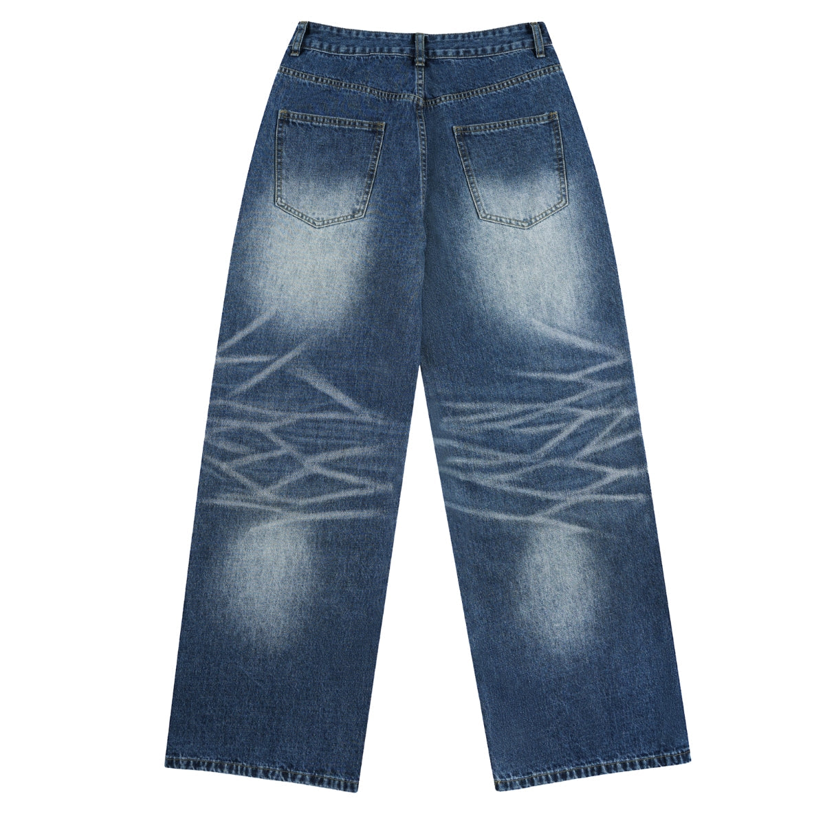 Deep Blue Washed Cat Whisker A-Line Straight Baggy Denim Jeans