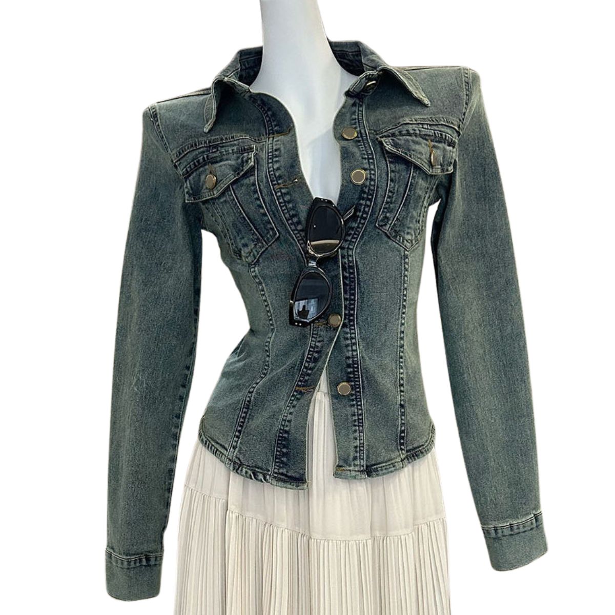 Long-Sleeve Fitted Denim Button-Front Jacket