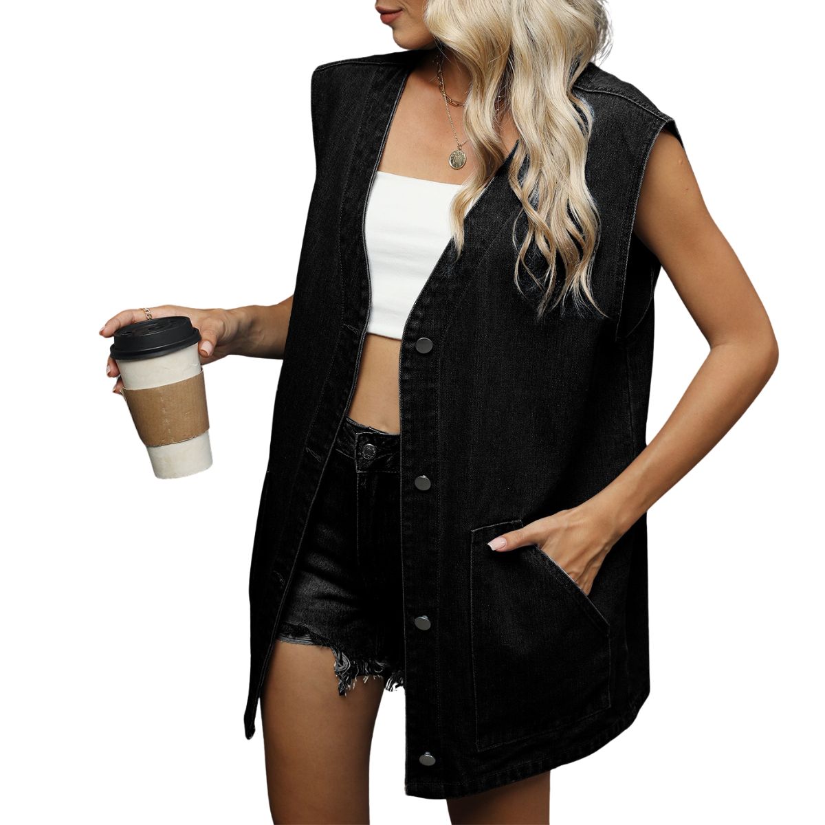 Denim V Neck Button-Front Vest