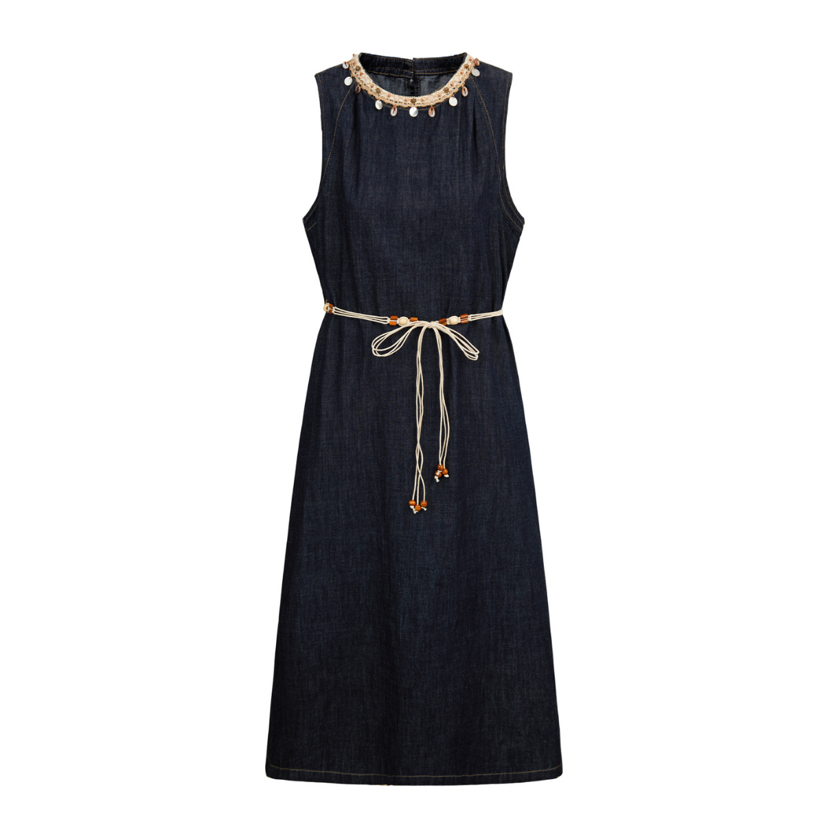 Beaded Neckline Sleeveless Denim Belted Dress