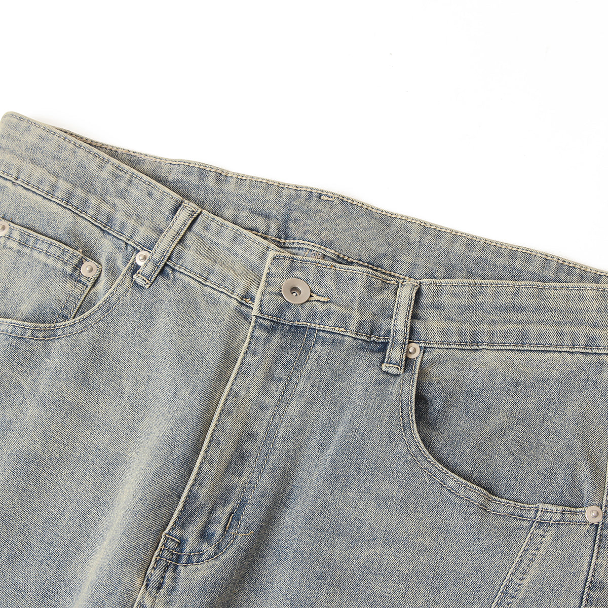 Muddy-Wash Faded Panel-Stitch Jeans