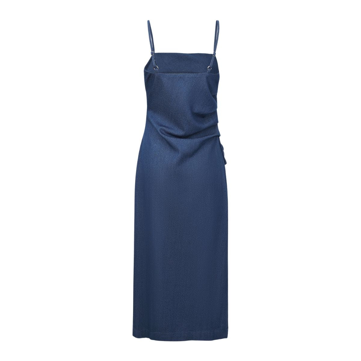 Spaghetti Strap Ruched Midi Denim Dress