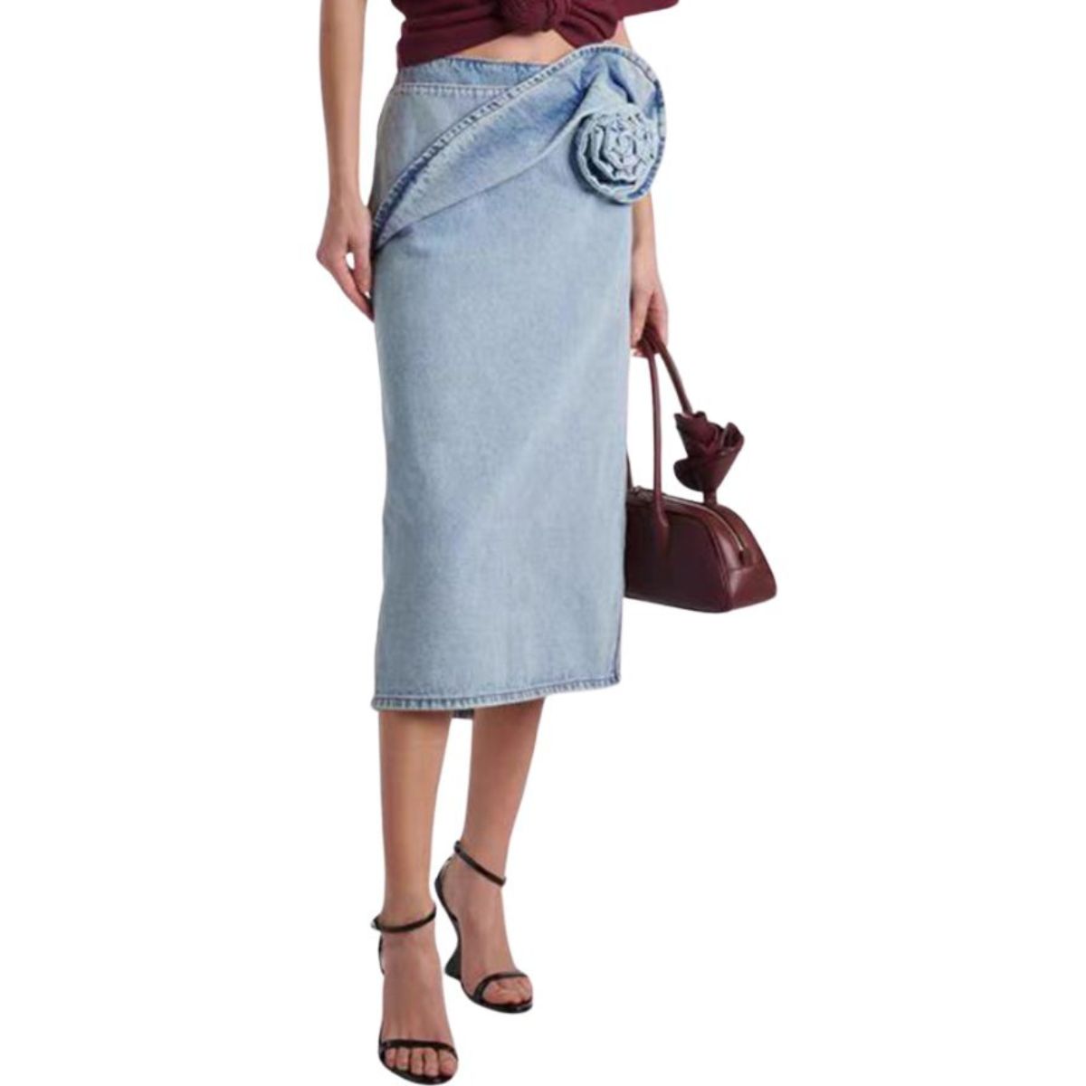 Floral Appliqu¨¦ Denim Midi Skirt