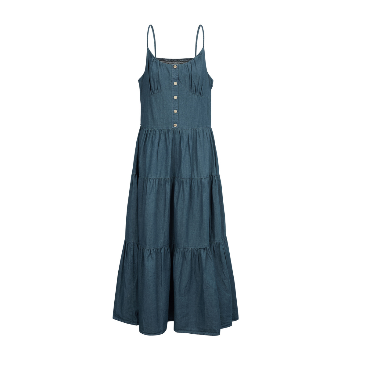 Spaghetti Strap Tiered Denim Midi Dress