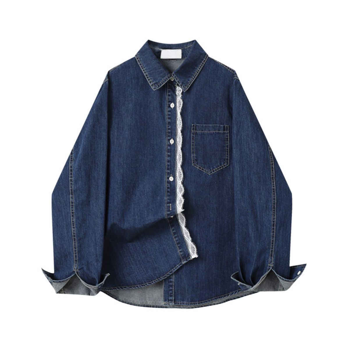 Button-Front Lace Trim Denim Shirt
