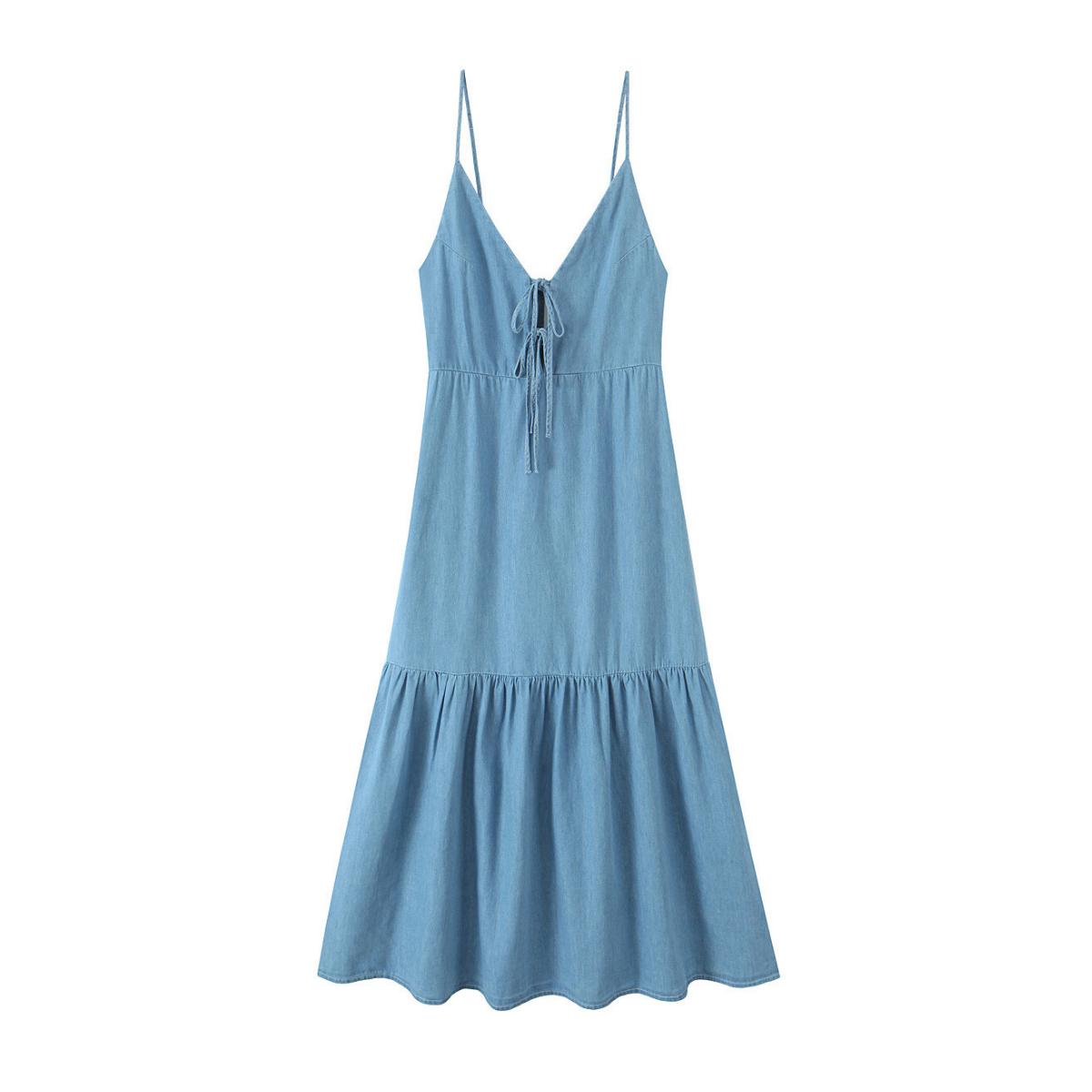 Lace-Up Denim Tiered Hem Slip Midi Dress