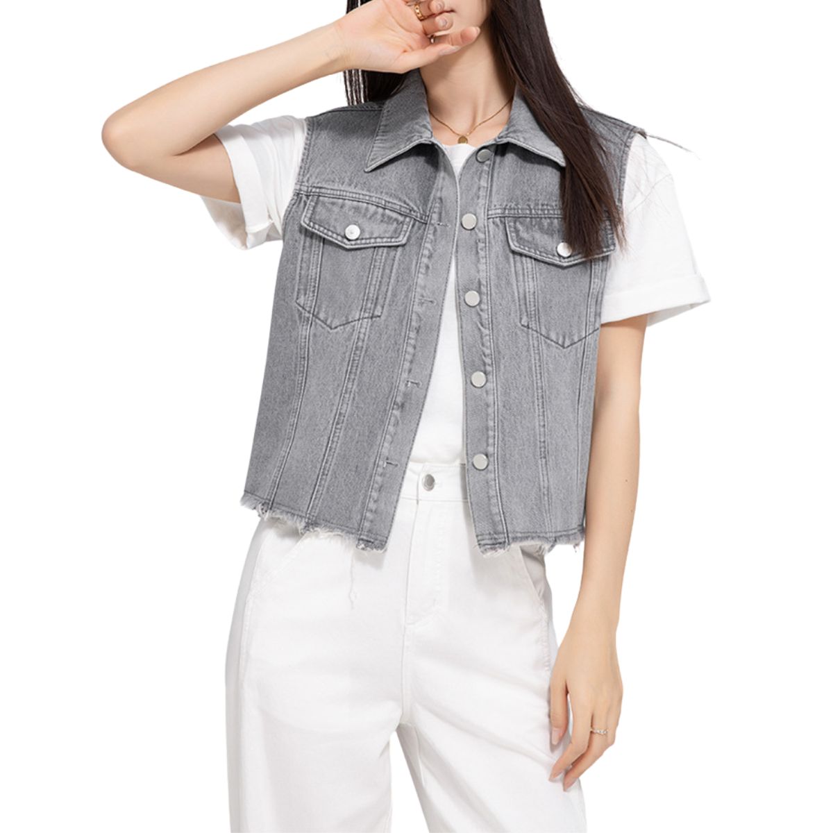 Gray Raw Hem Relaxed Denim Vest