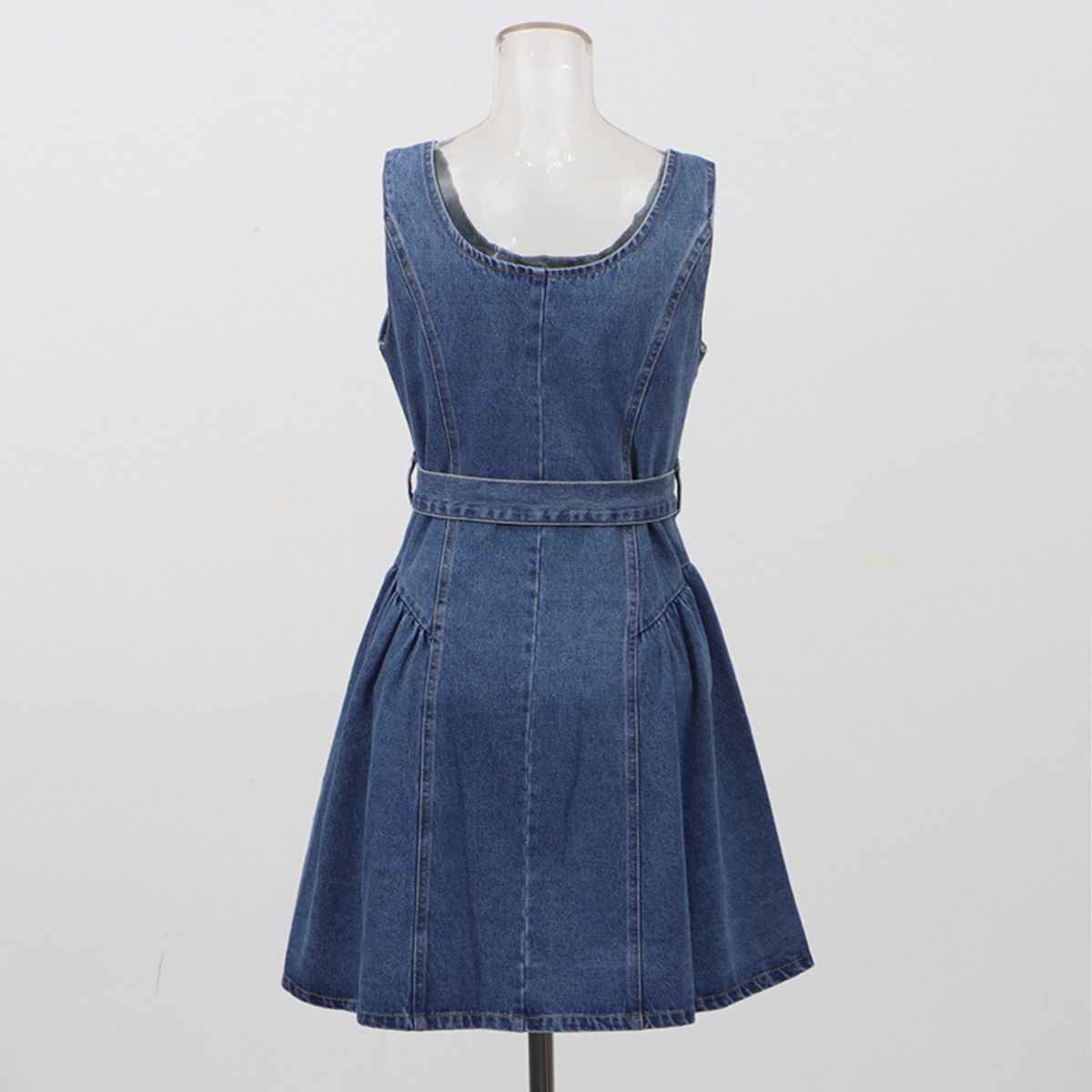 Belted Flared Denim Mini Dress