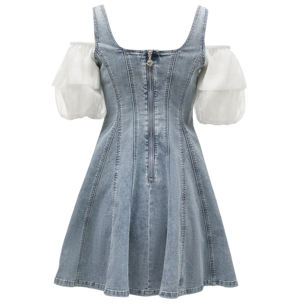 Puff Sleeves Button Front Denim Mini Dress