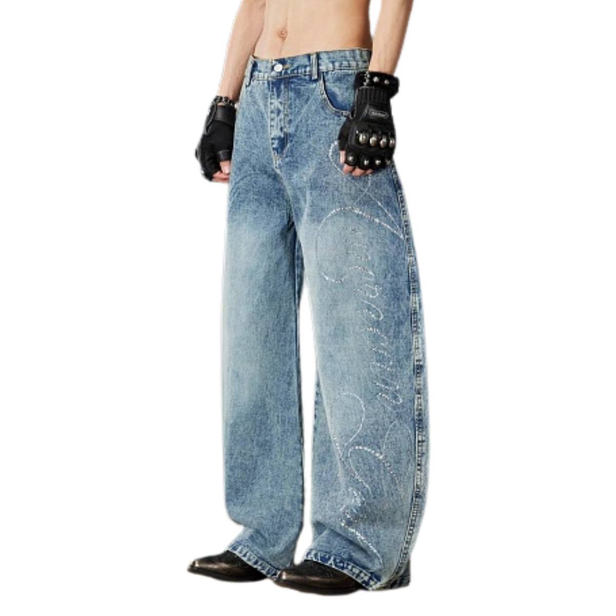 Vintage Embroidered Barrel-Leg Denim Jeans