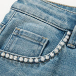 Rose Embroidered Lace-Cut Jeans with Pearl Beading