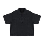 Vintage Washed Denim Zip Polo Shirt